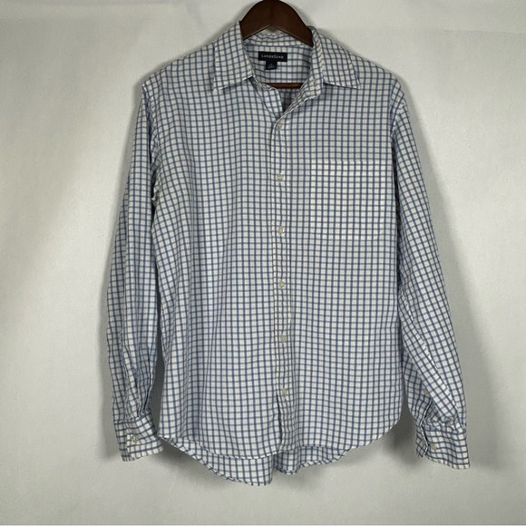 Lands' End Men's White and Blue Gingham Checked Shirt Size M 15-15.5 - Picture 1 of 11